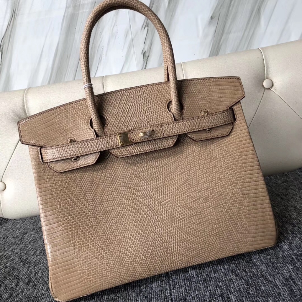 爱马仕铂金包定制 Hermes Birkin 30cm Lizard CK14 杏色 beige 金扣 蜥蜴皮 Hermès Birkin