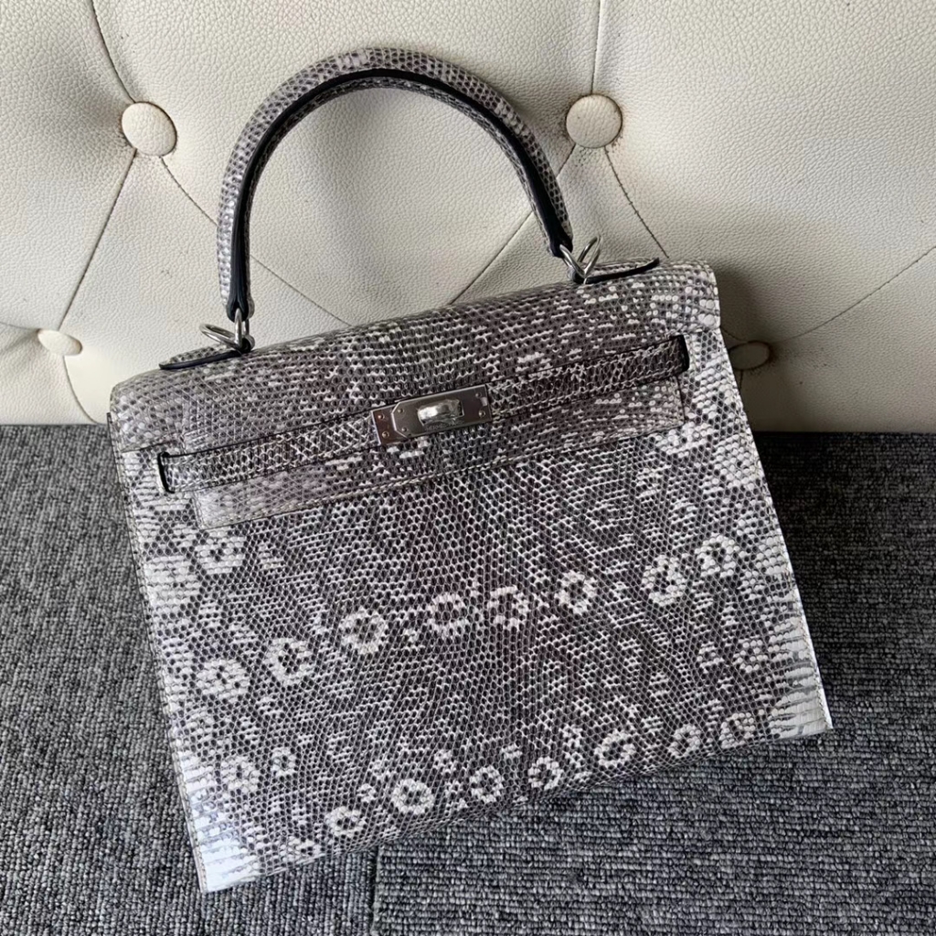 爱马仕凯莉包价格 Hermes Kelly 25cm Lizard 01雪花色蜥蜴皮 Himalaya 自然色蜥蜴皮 Hermès